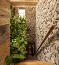 Stair beside a rough stone wall and a column of climbing plants under a slatted ceiling, Vista House by Studio Gontijo Arquitetura
