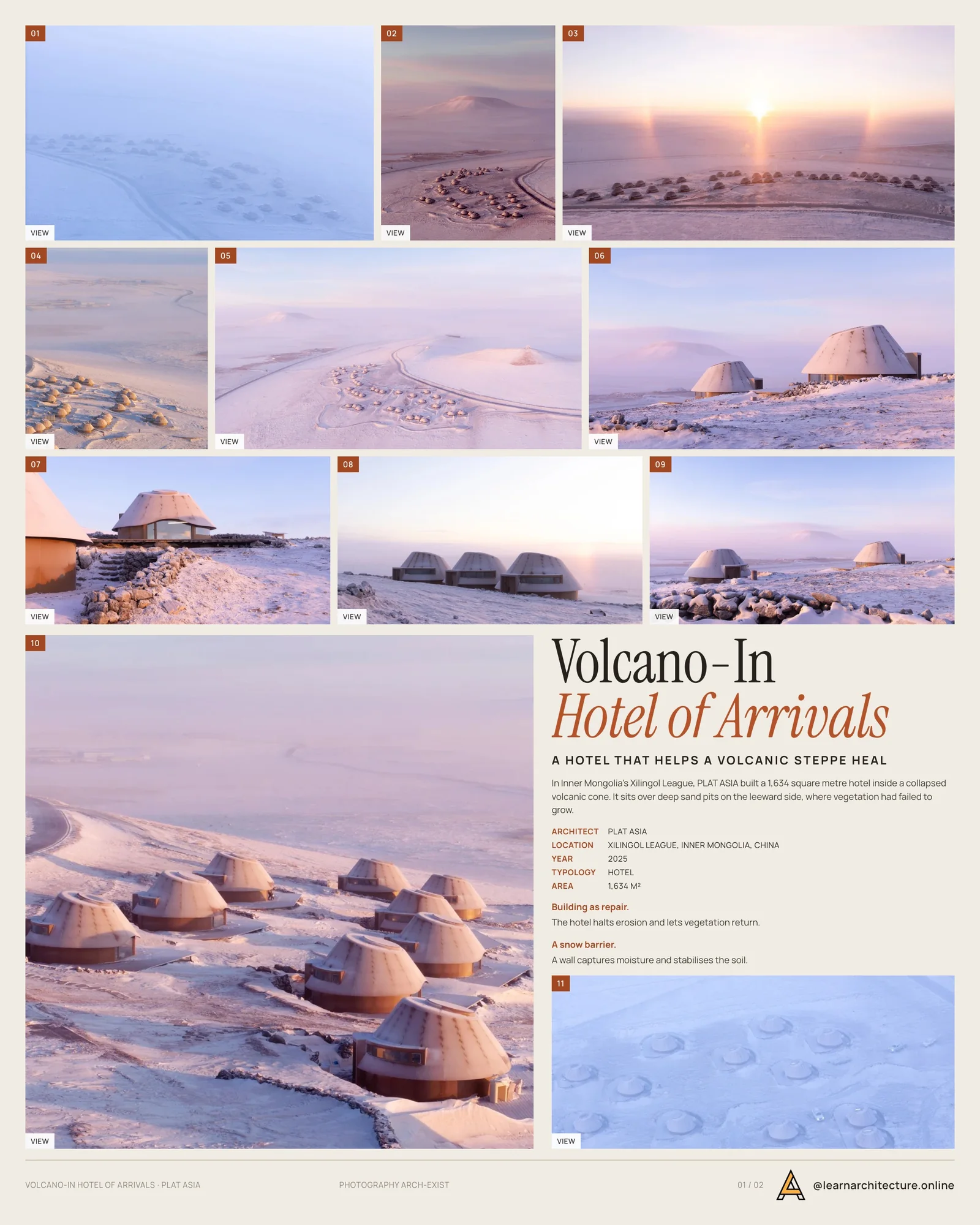 Presentation board cover for Volcano-In Hotel of Arrivals by PLAT ASIA, with the lead image, project summary and a grid of photographs and drawings