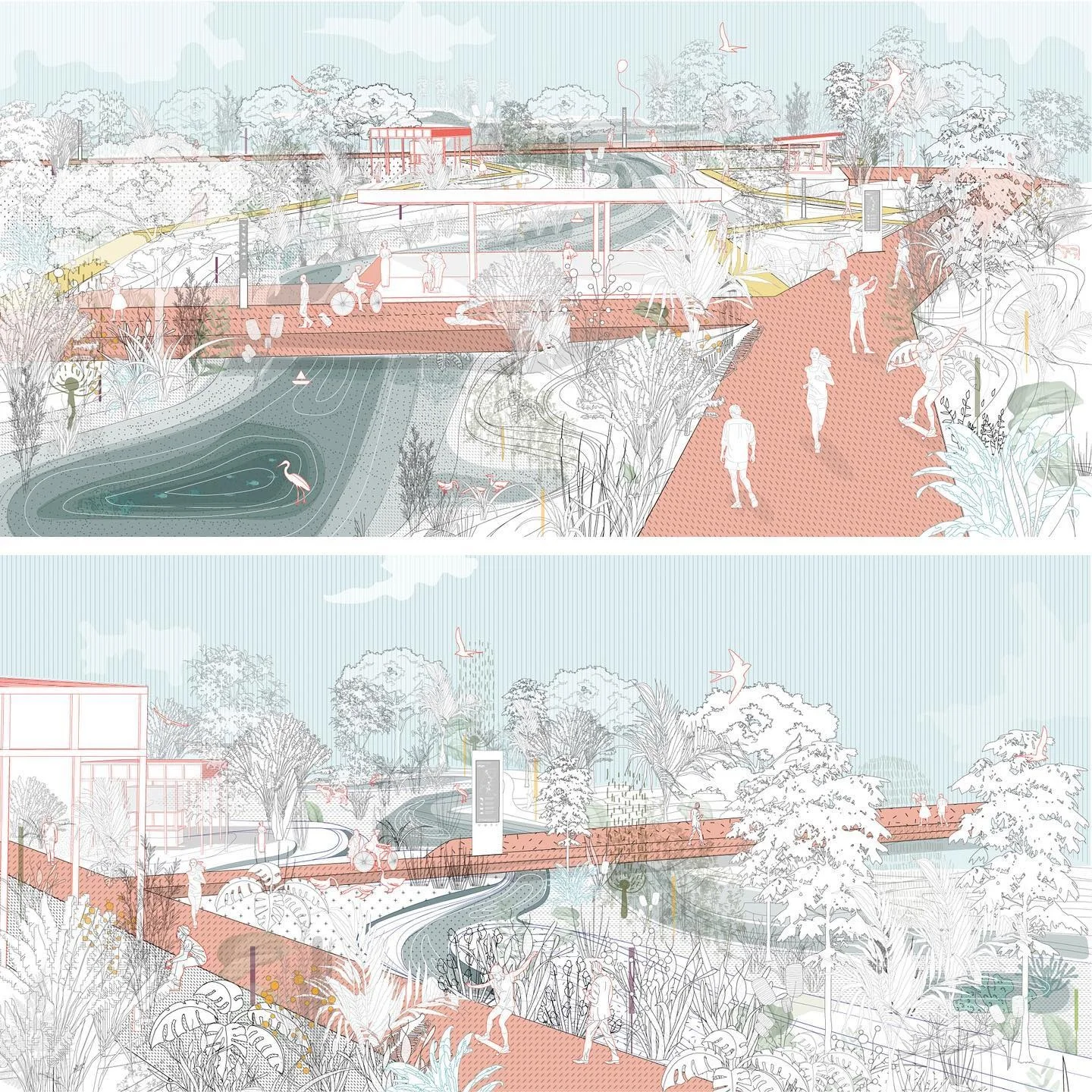 Illustrative aerial renders of looping red walkways through a riverside landscape park