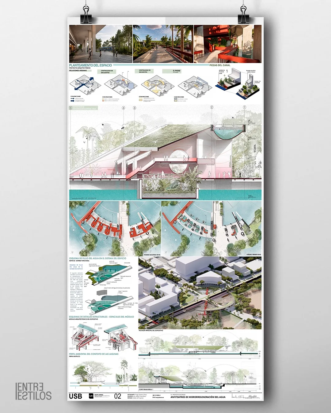 Photographed pinned vertical board with renders and diagrams under a pink wash, pinned up for a jury review