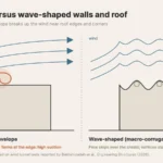 Diagram comparing wind over a flat-roofed box with one large vortex at its edge and a wave-roofed box with small vortices