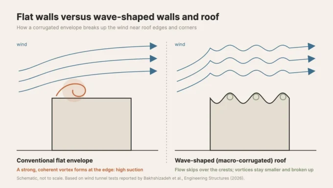 Diagram comparing wind over a flat-roofed box with one large vortex at its edge and a wave-roofed box with small vortices