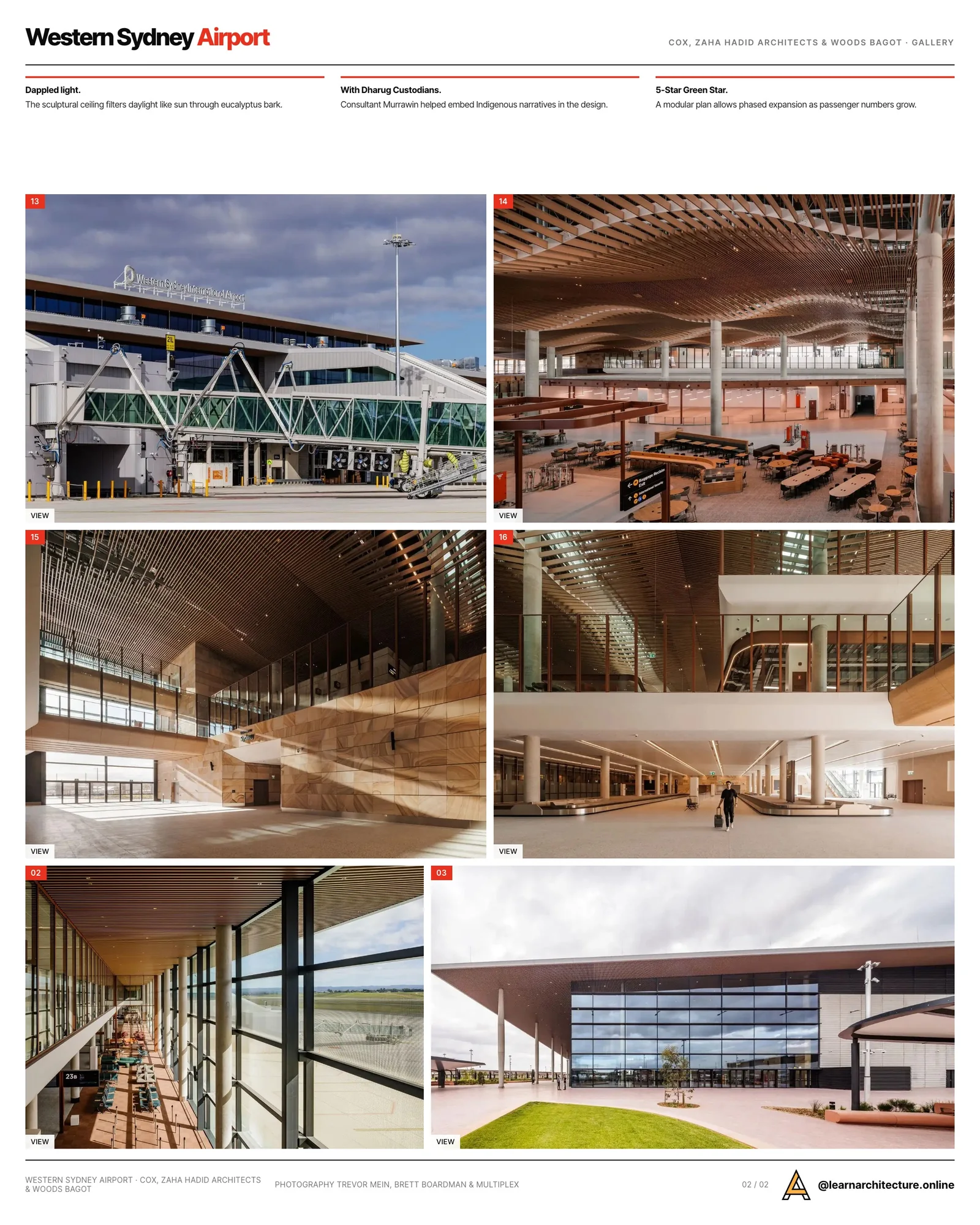 Second presentation board sheet for Western Sydney Airport by Zaha Hadid Architects & Cox Architecture & Woods Bagot, laying out the project drawings and images on one page