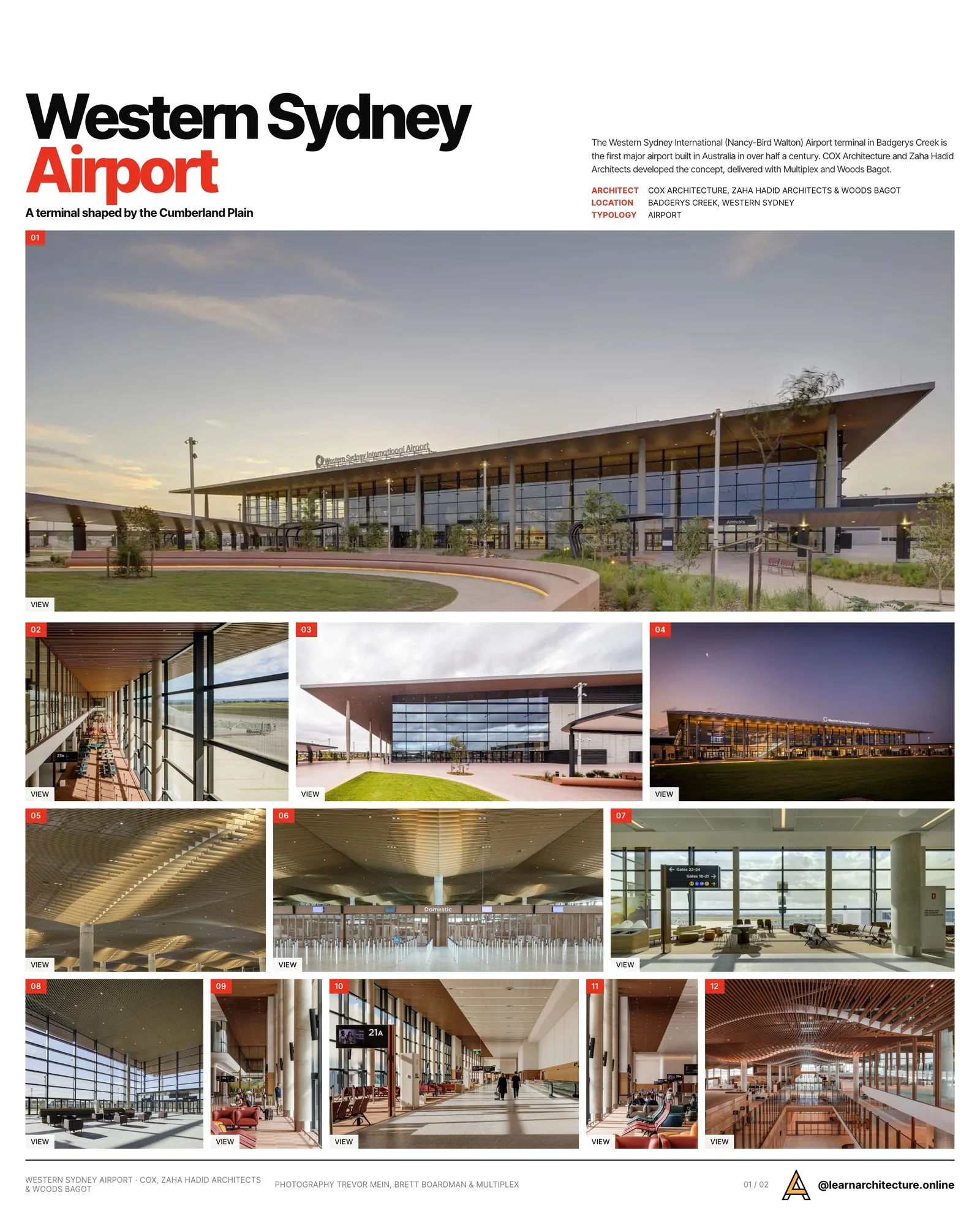 Presentation board cover for Western Sydney Airport by Zaha Hadid Architects & Cox Architecture & Woods Bagot, with the lead image, project summary and a grid of photographs and drawings