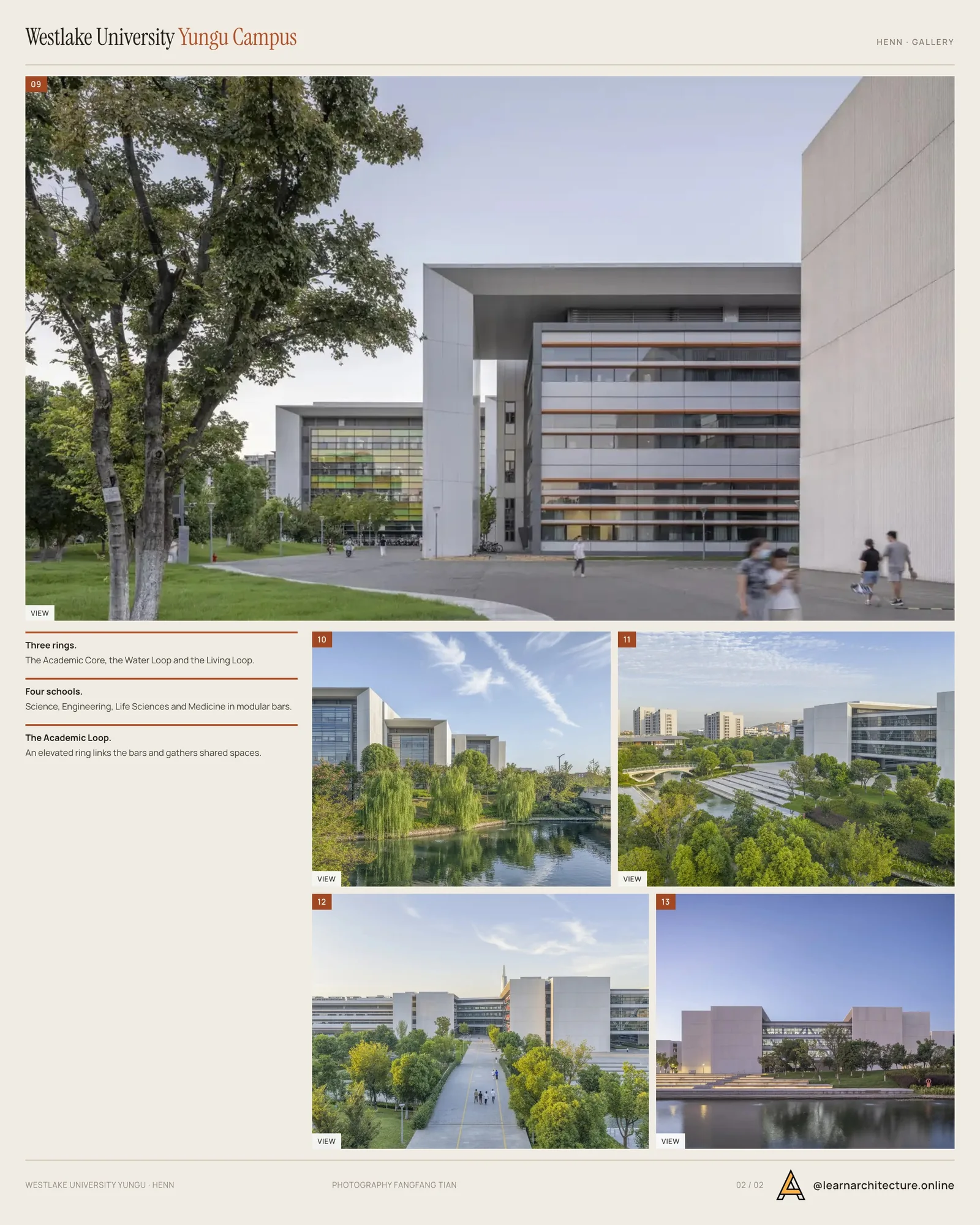Second presentation board sheet for Westlake University Yungu Campus by HENN, laying out the project drawings and images on one page