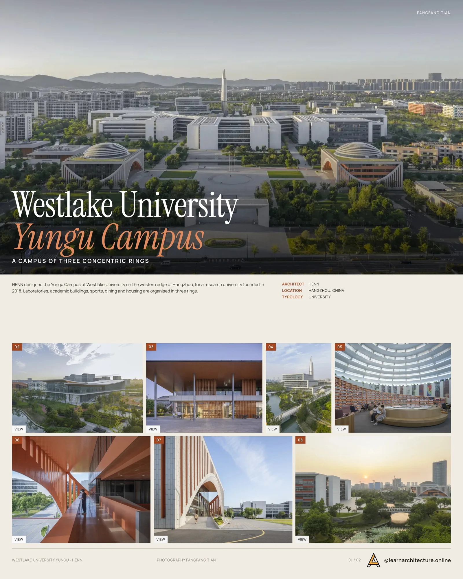 Presentation board cover for Westlake University Yungu Campus by HENN, with the lead image, project summary and a grid of photographs and drawings