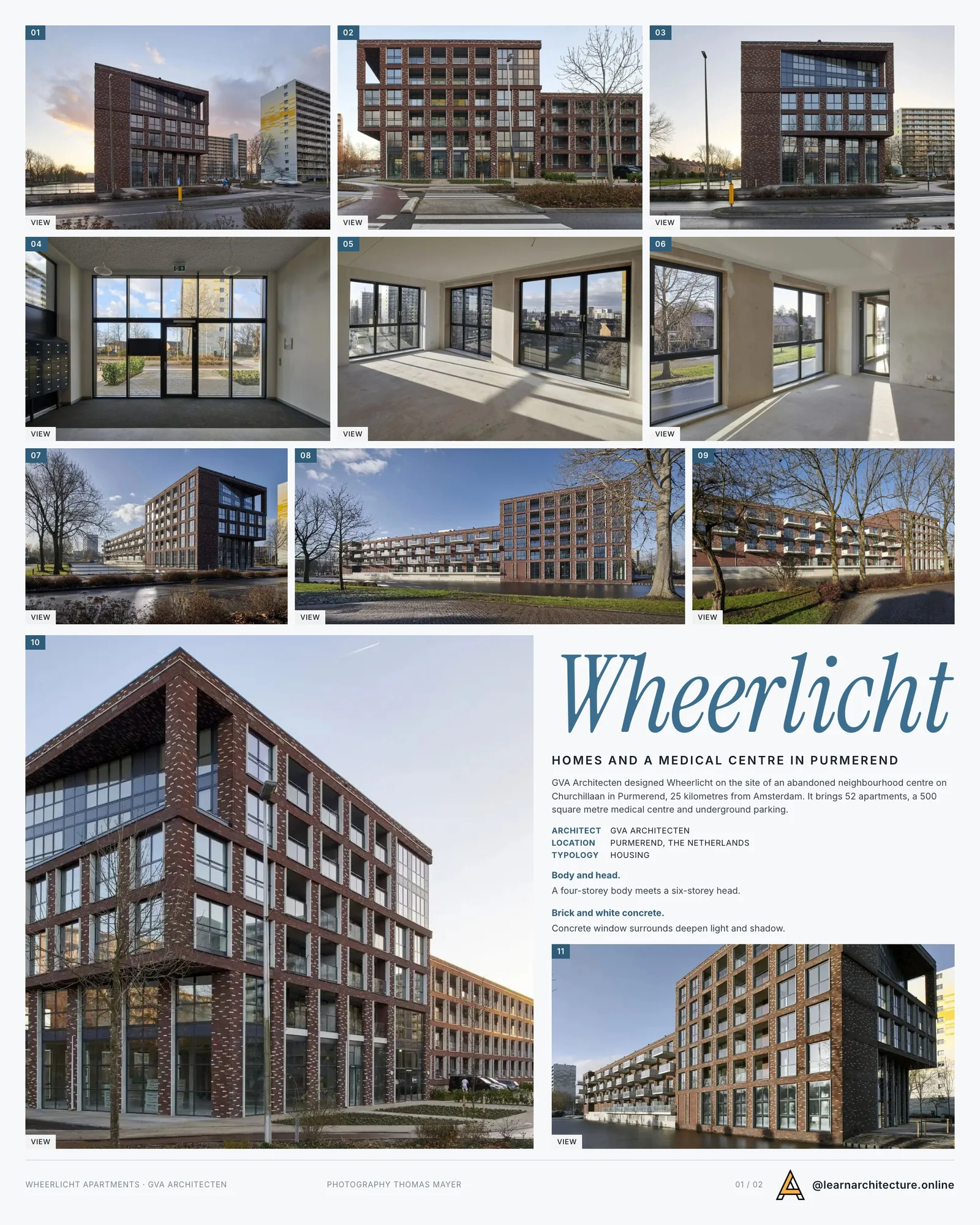 Presentation board cover for Wheerlicht Apartments by GVA Architecten, with the lead image, project summary and a grid of photographs and drawings