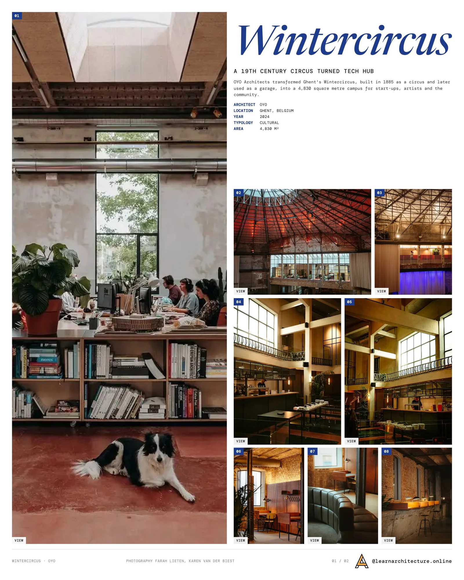 Presentation board cover for Wintercircus Technological and Cultural Hub by OYO, with the lead image, project summary and a grid of photographs and drawings