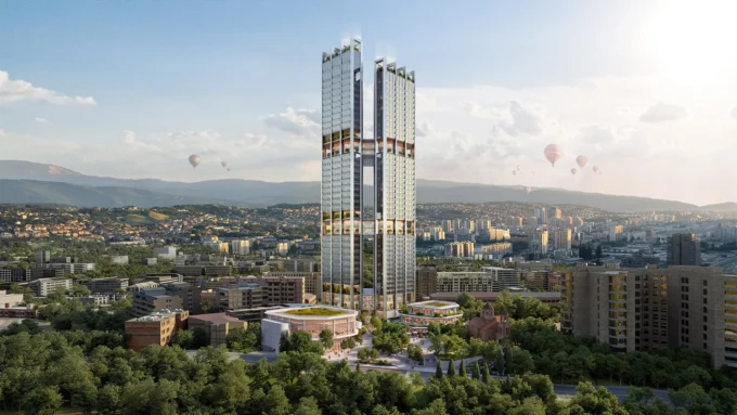 Rendering of two tall glass towers joined by bridges rising above trees and low-rise pavilions in central Yerevan