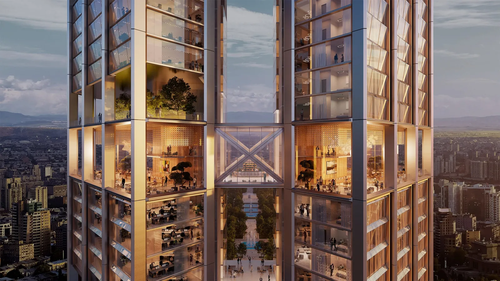 Rendering of a glazed bridge with a steel cross brace spanning the gap between the two towers, lit floors on either side