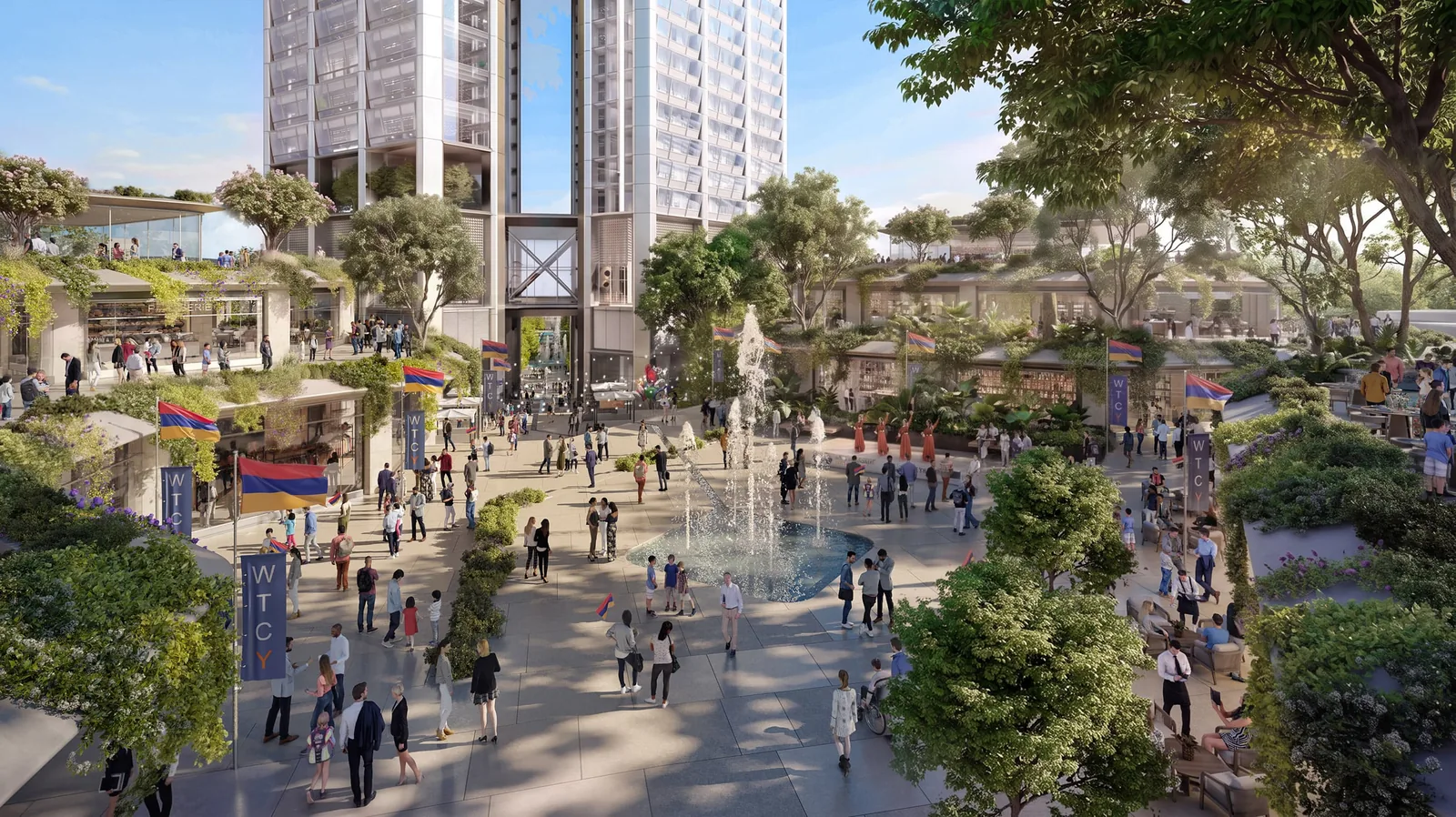 Rendering of a busy public square with a fountain, planted terraces and the base of the two towers behind
