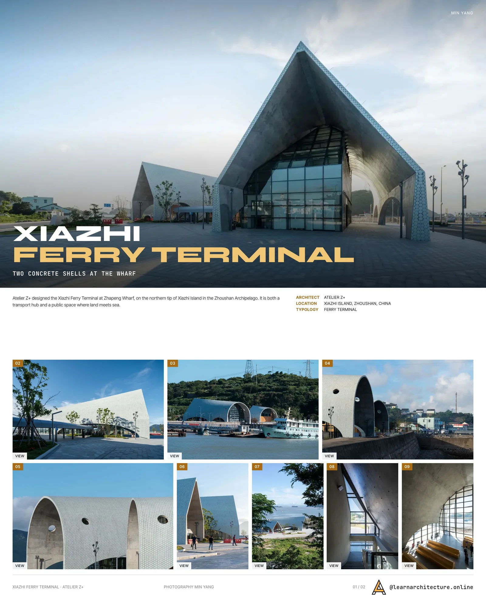 Presentation board cover for Xiazhi Ferry Terminal, Xiazhi Island by Atelier Z+, with the lead image, project summary and a grid of photographs and drawings
