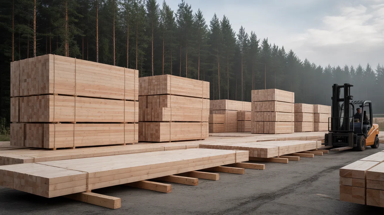 Stacks of pale timber panels and boards on bearers in a yard beside a conifer forest, with a forklift