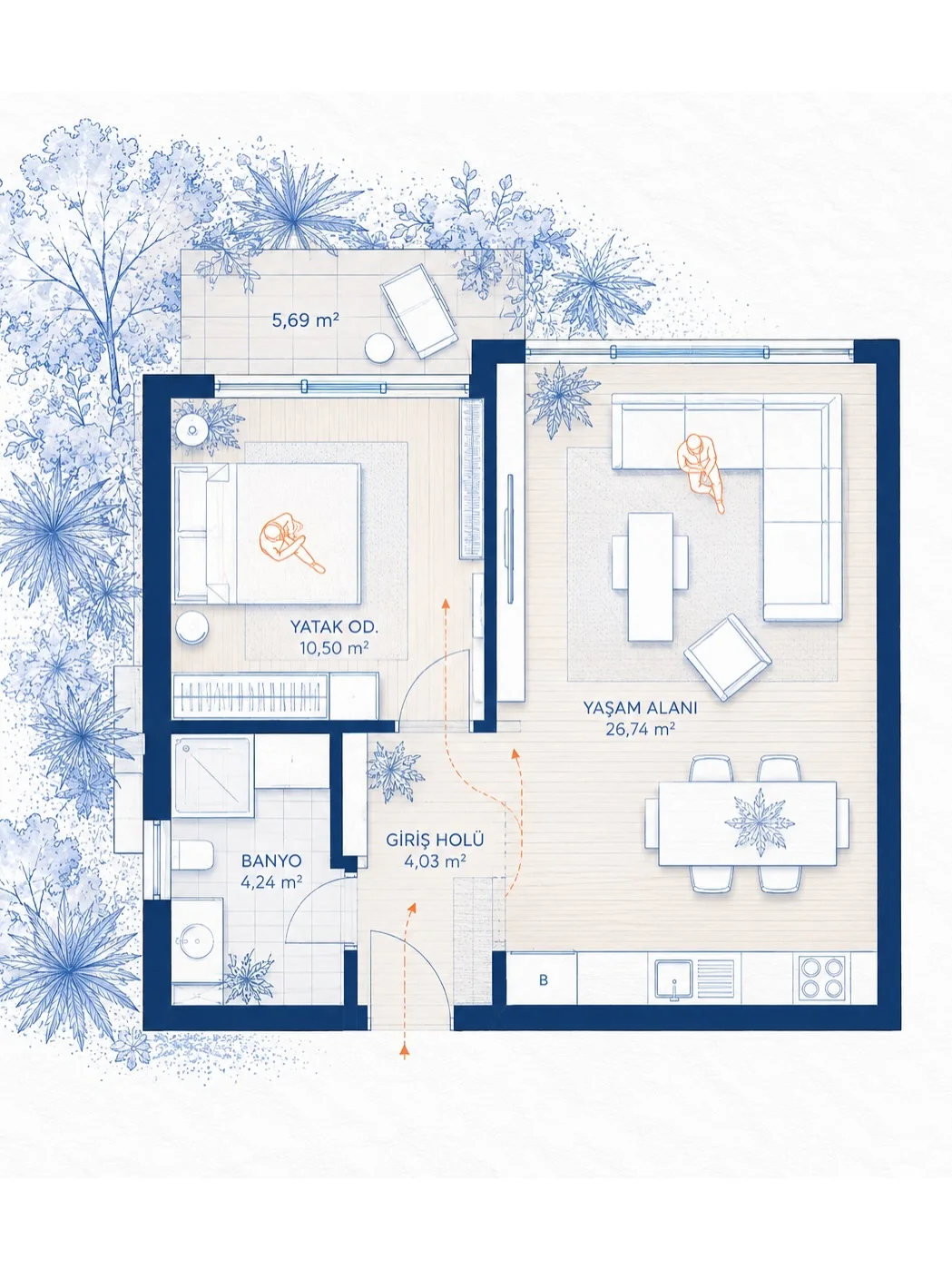 Compact blue line apartment floor plan with labeled rooms and a floral border