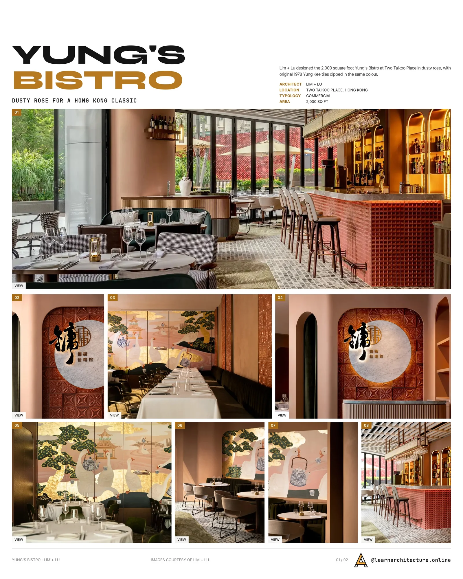 Presentation board cover for Yung’s Bistro Taikoo Place by Lim + Lu, with the lead image, project summary and a grid of photographs and drawings