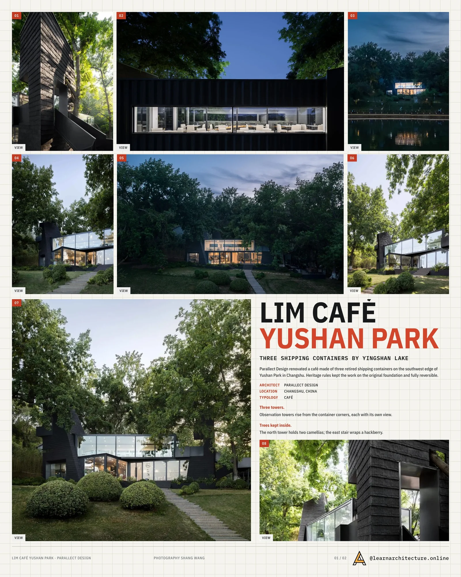 Presentation board cover for Yushan Park Lim Café Renovation by Parallect Design, with the lead image, project summary and a grid of photographs and drawings