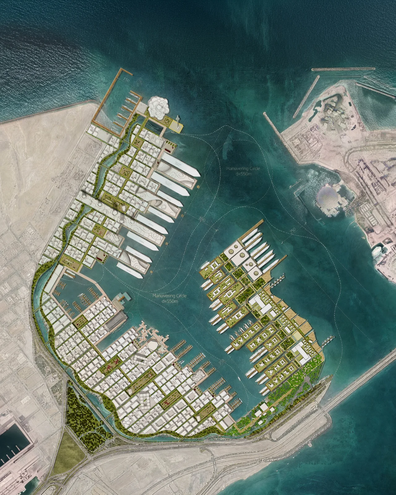 Aerial render of a coastal waterfront masterplan with building clusters on reclaimed sandy islands