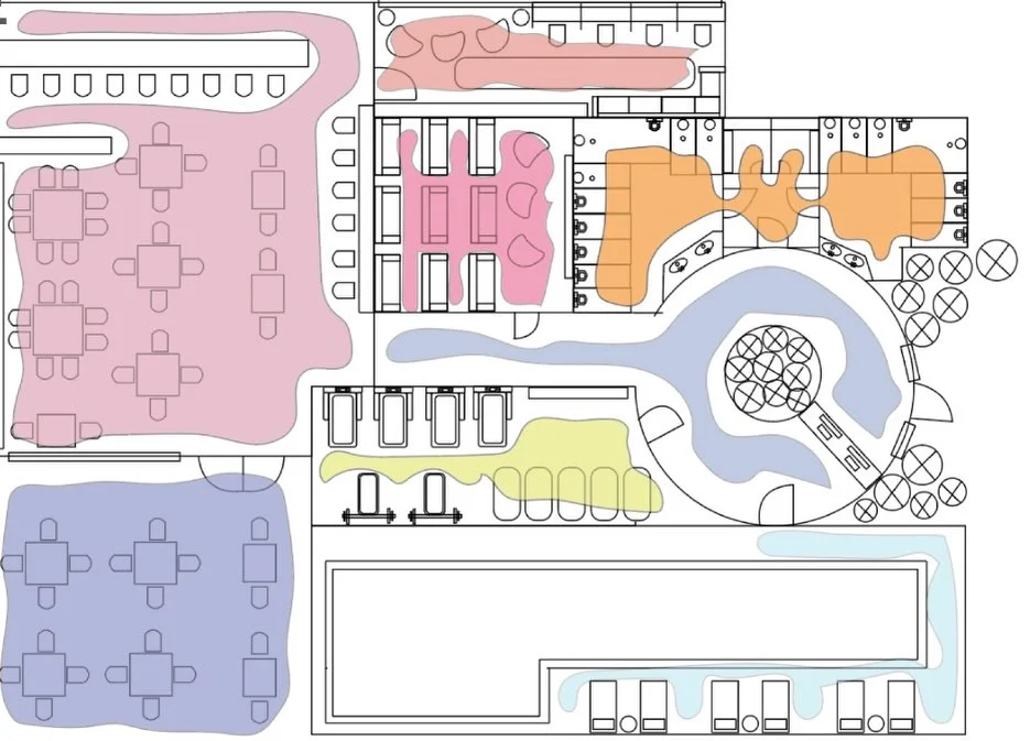 Zoning diagram over a members club floor plan, with colored territories grouping dining, lounge, service and pool areas