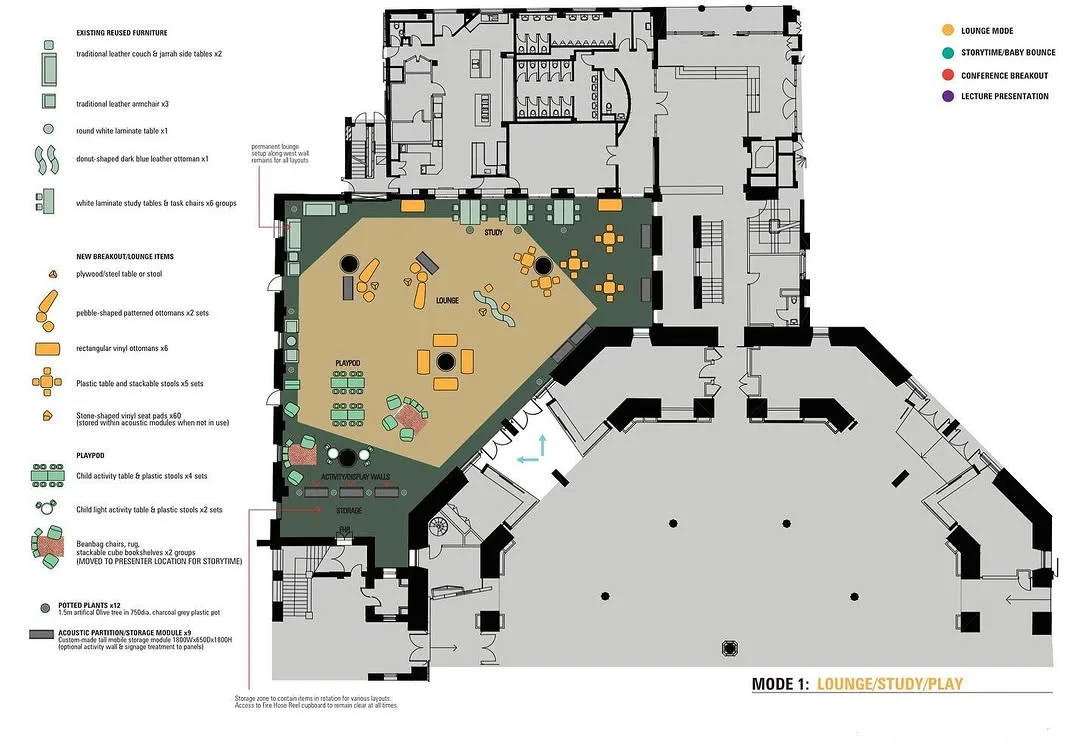 Colored floor plan of a library space with furniture, flooring textures and a legend